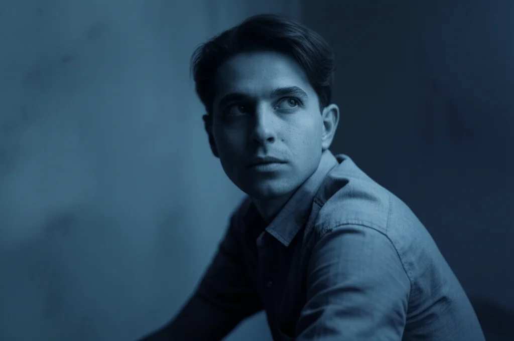 A single person sitting alone, looking pensive, symbolizing isolation and the need for support, 35mm portrait, subtle blue and grey duotones, depth of field.