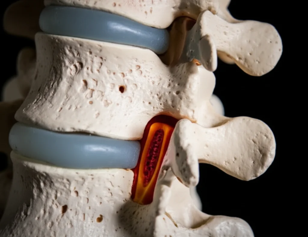 Macro lens shot, 90mm, capturing a highly detailed anatomical model of the lumbar spine. The image precisely focuses on the narrowed spinal canal, illustrating lumbar spinal stenosis, with controlled lighting to emphasize texture and depth.
