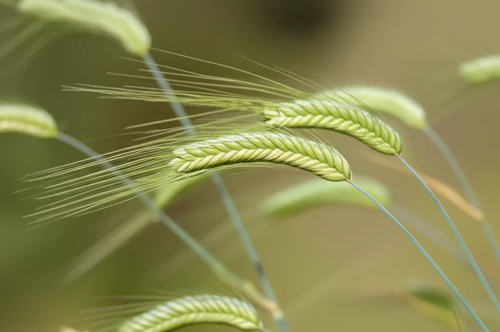 Close-up macro shot, 85mm lens, of several green, slightly moniliform Aegilops tauschii TauL3 spikes, showcasing fine details of the awns and glumes, with controlled lighting to highlight texture, against a softly blurred background of its native Transcaucasian habitat.