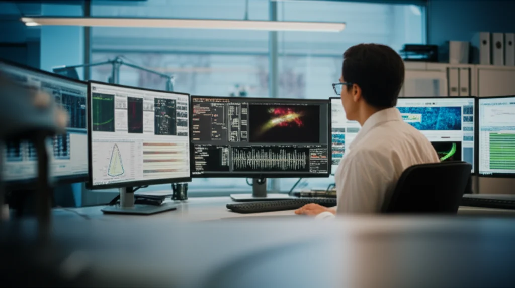 A researcher analyzing complex biological data on multiple computer screens in a modern laboratory setting, wide-angle lens, 24mm, high detail, controlled lighting.