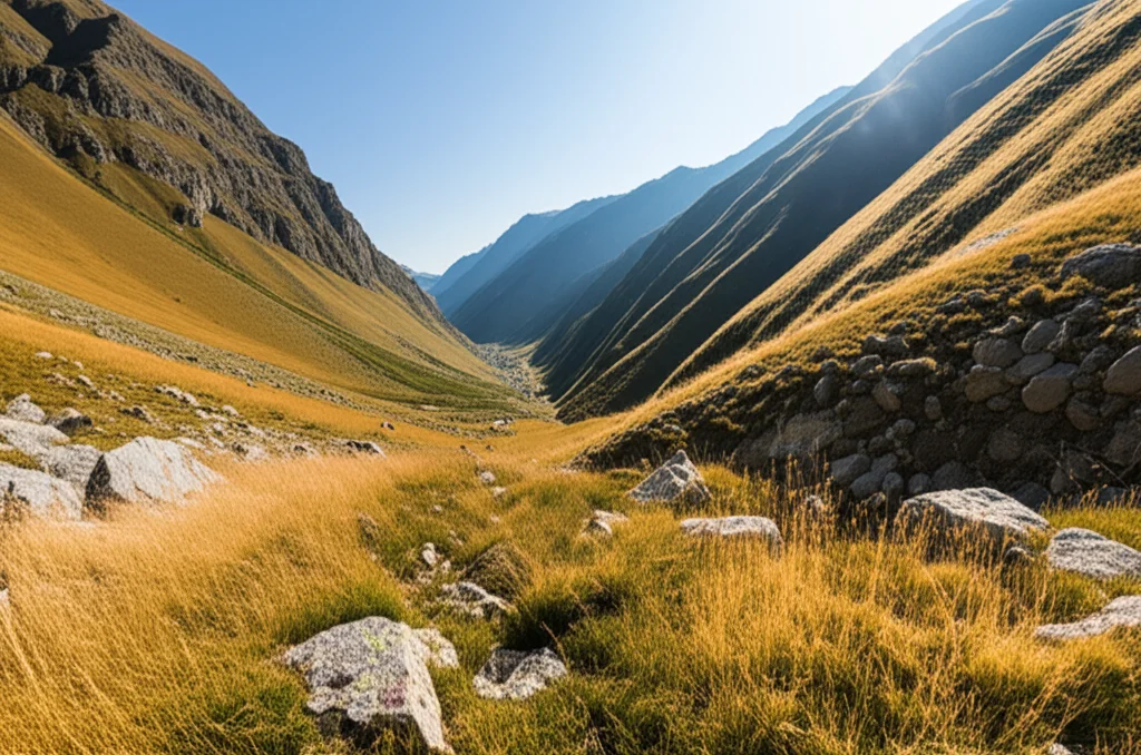 Wide-angle landscape, 20mm lens, capturing a rugged, sun-drenched valley in the Transcaucasus region, potential habitat for Aegilops tauschii TauL3, with scattered wild grasses and rocky outcrops, sharp focus throughout, depicting the challenging yet crucial environment for conservation efforts.