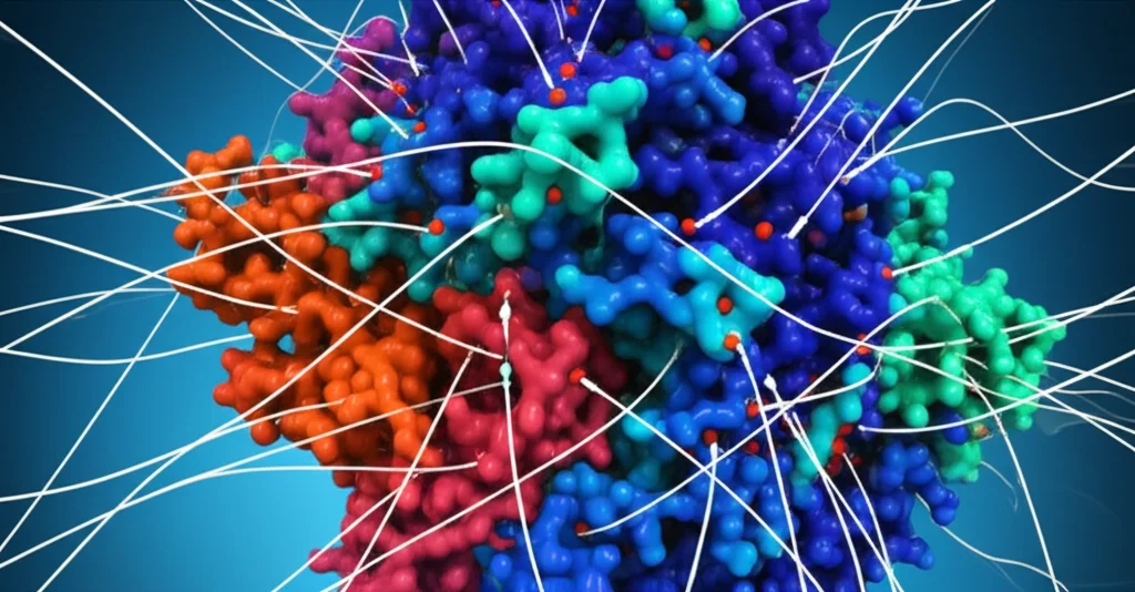 A complex protein structure model shown with dynamic movement lines and highlighted mutation points, macro lens, 105mm, precise focusing, high detail.