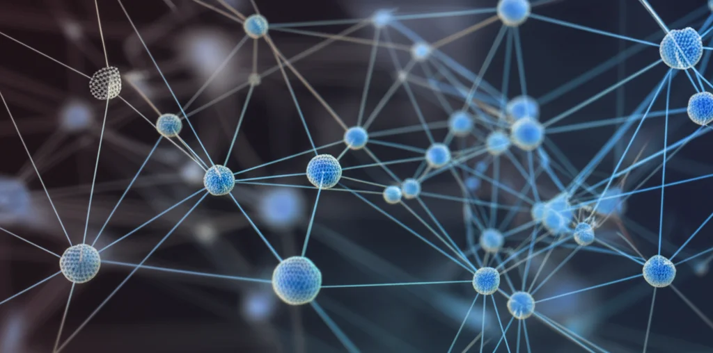 An abstract representation of interconnected biological pathways or gene networks, highlighting key nodes, macro lens, 60mm, high detail, controlled lighting.