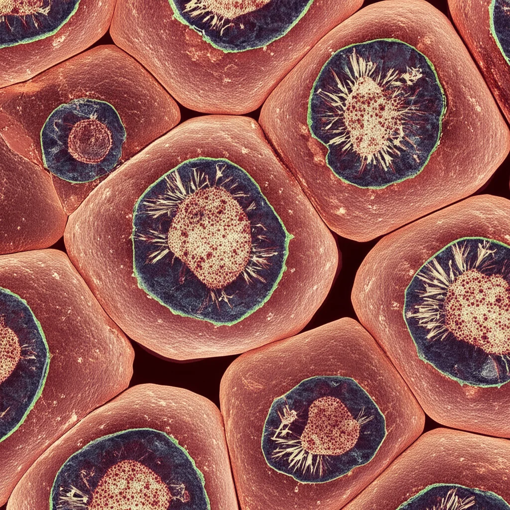 Microscopic view of cells showing crystalline structures accumulating within cellular compartments, macro lens, 100mm, high detail, precise focusing.