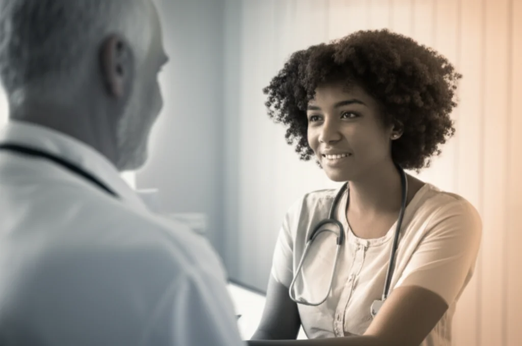 Photorealistic image of a doctor and patient discussing heart health. 35mm portrait, depth of field, with warm, reassuring duotones (e.g., soft amber and grey). The focus is on their interaction, conveying hope and collaborative care.