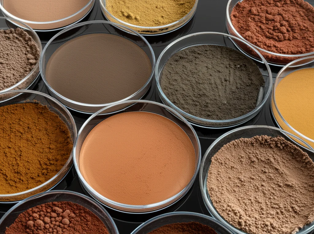 A macro shot, 90mm lens, of different soil samples in petri dishes, showcasing varying textures and colors (cohesion and friction angle indicators), with controlled lighting to highlight details, symbolizing the foundational data for MARS analysis.