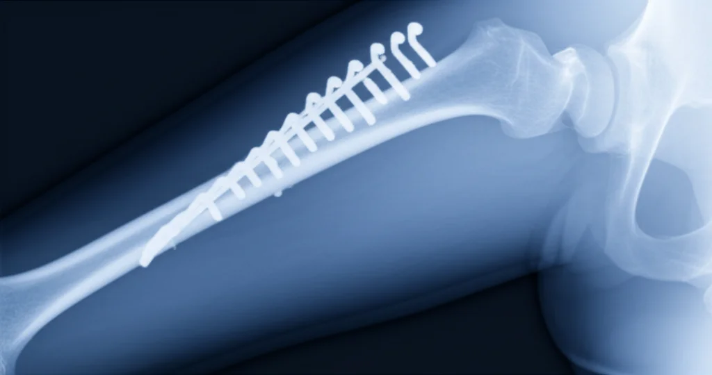Radiograph (X-ray) showing a healed femur fracture with surgical hardware in place, wide-angle lens, 24mm, sharp focus, controlled lighting to highlight bone detail.