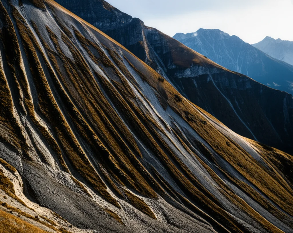Wide-angle landscape shot, 15mm lens, of a dramatic mountain slope after a seismic event, with visible slip surfaces and displaced earth. Long exposure to capture a sense of lingering instability, sharp focus throughout the scene, illustrating the real-world problem MARS addresses.