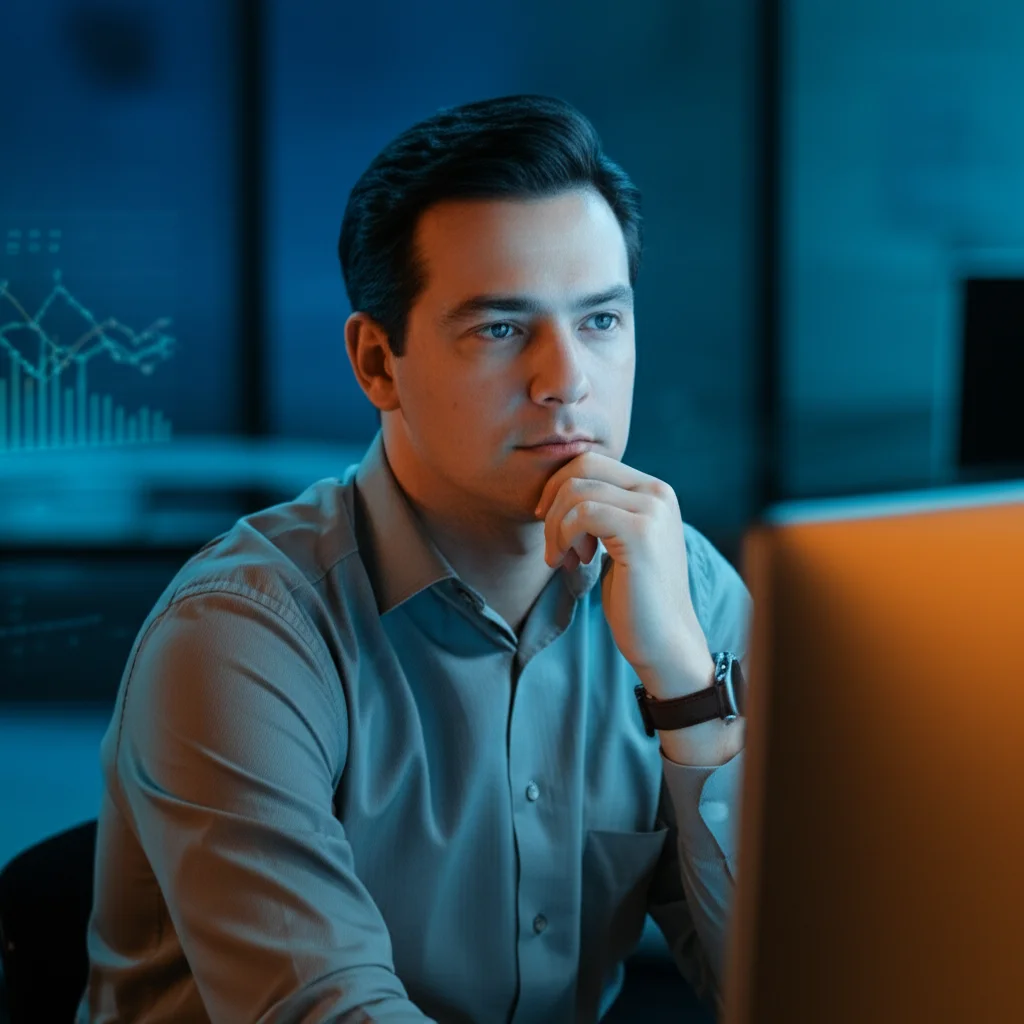 A portrait of a geotechnical engineer, 35mm lens, looking thoughtfully at a complex graph on a computer screen showing MARS model outputs. Duotone of deep blue and bright orange, depth of field focusing on the engineer's focused expression, symbolizing human expertise interpreting ML results.