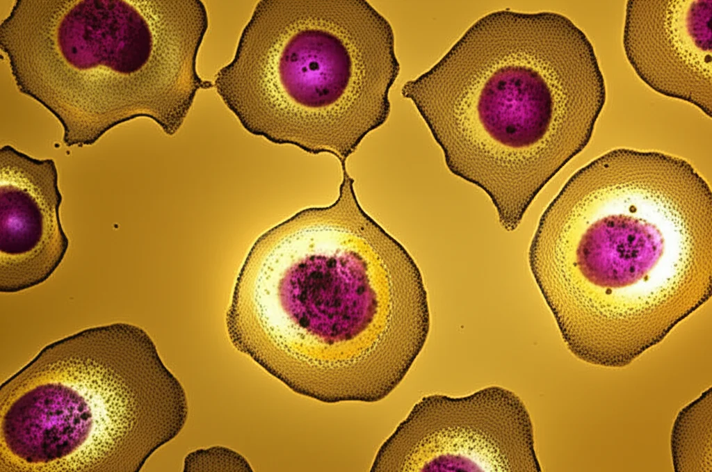 Macro lens shot, 60mm, high detail, controlled lighting of human skin cells in a petri dish, with some cells appearing stressed by tiny particles and others looking healthy with a glowing protective layer representing luteolin.