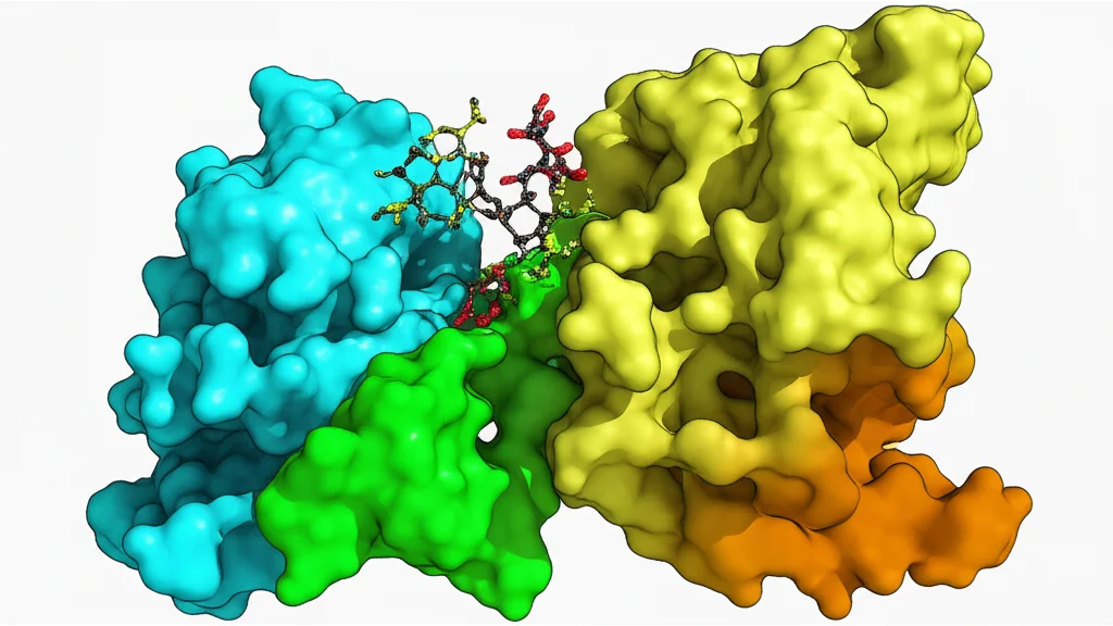 High detail macro shot, 100mm macro lens, controlled lighting, showing a molecular model representation of the MKK4 protein with a luteolin molecule docked onto its active site, illustrating direct binding.