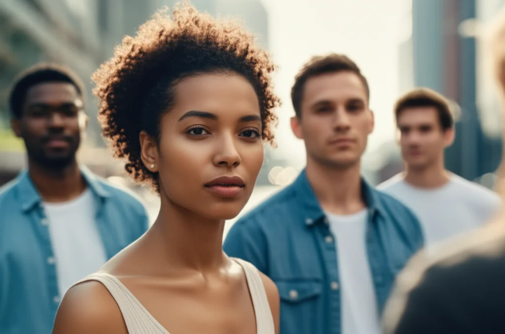 Photorealistic image, 35mm portrait lens, depth of field, showing a diverse group of people with healthy, glowing skin in an urban environment with a slight haze in the background, suggesting protection from pollution.