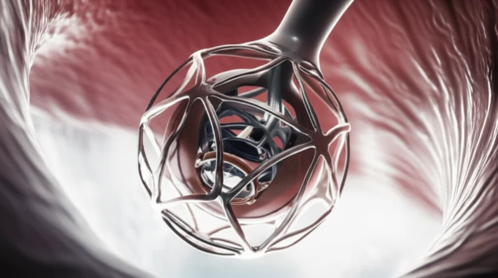 A highly detailed, 3D medical animation still, macro lens, 70mm, showing a TAVR valve precisely deploying within an aortic valve, with surrounding heart tissue. Controlled lighting, emphasizing the intricate nature of the procedure.