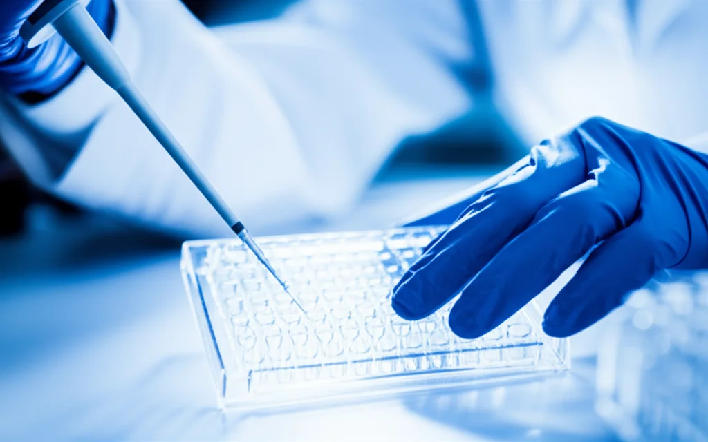 Scientist carefully pipetting solutions into a multi-well plate in a brightly lit laboratory, zoom lens, 35mm, depth of field, precise focusing.