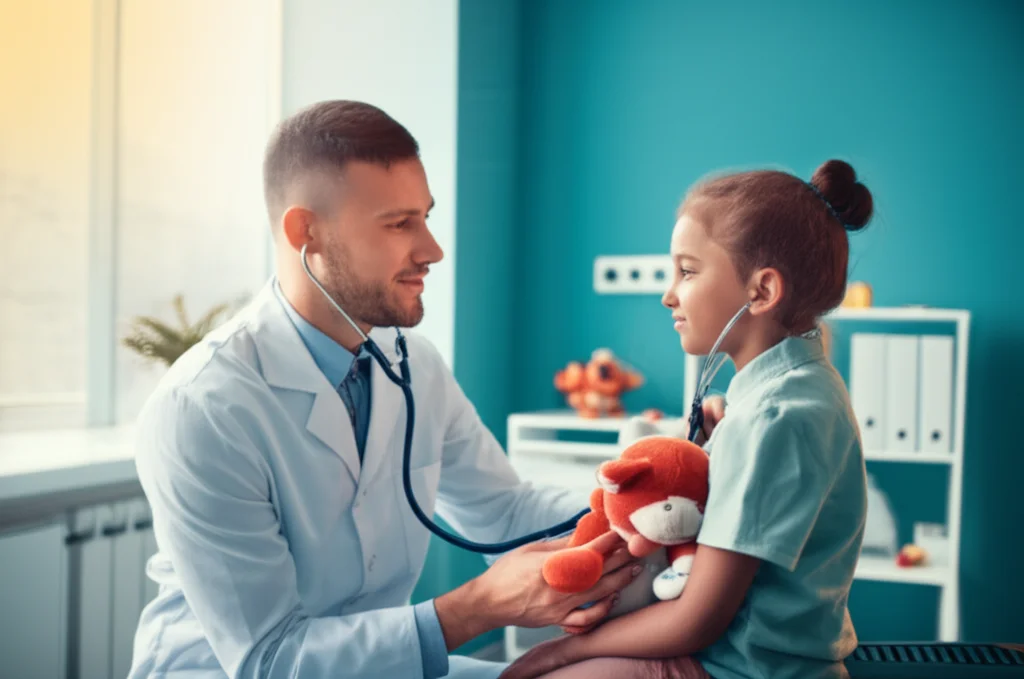 A compassionate pediatric cardiologist, 35mm portrait, smiling reassuringly at a young child holding a toy stethoscope in a bright, child-friendly clinic room. Depth of field, warm duotones like sunshine yellow and sky blue, capturing a moment of trust and hope.