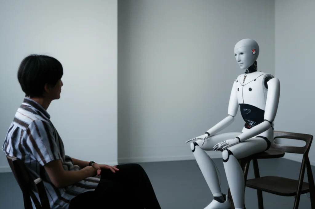 A person sitting across from a humanlike android robot in a simple room, engaged in conversation. The image is a 24mm portrait with sharp focus, capturing the interaction.