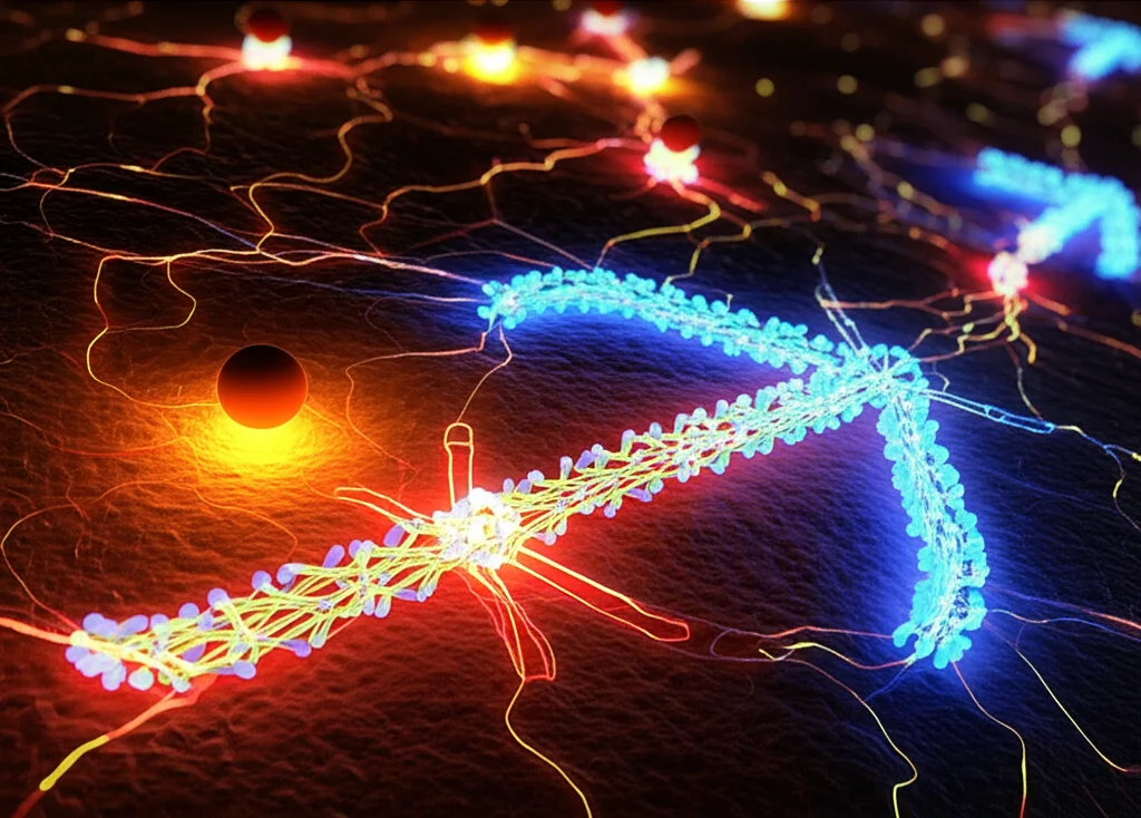 Abstract representation of cellular signaling pathways with glowing molecules and receptors, macro lens, 105mm, high detail, precise focusing, controlled lighting.