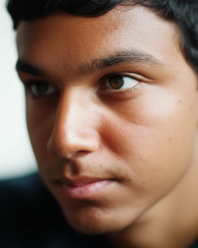 A close-up portrait of a young person looking thoughtful, perhaps reflecting on their own values after a conversation. The image uses a 35mm lens and depth of field to focus on the person's expression.