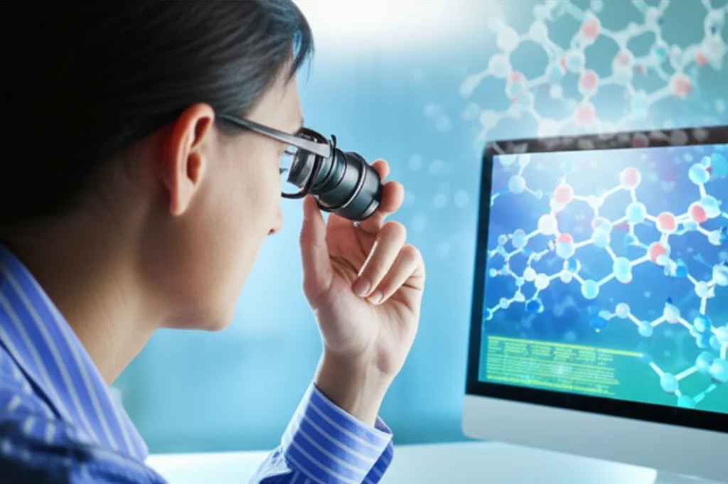 Researcher looking intently at a computer screen displaying biological data and molecular structures, zoom lens, 24mm, depth of field.