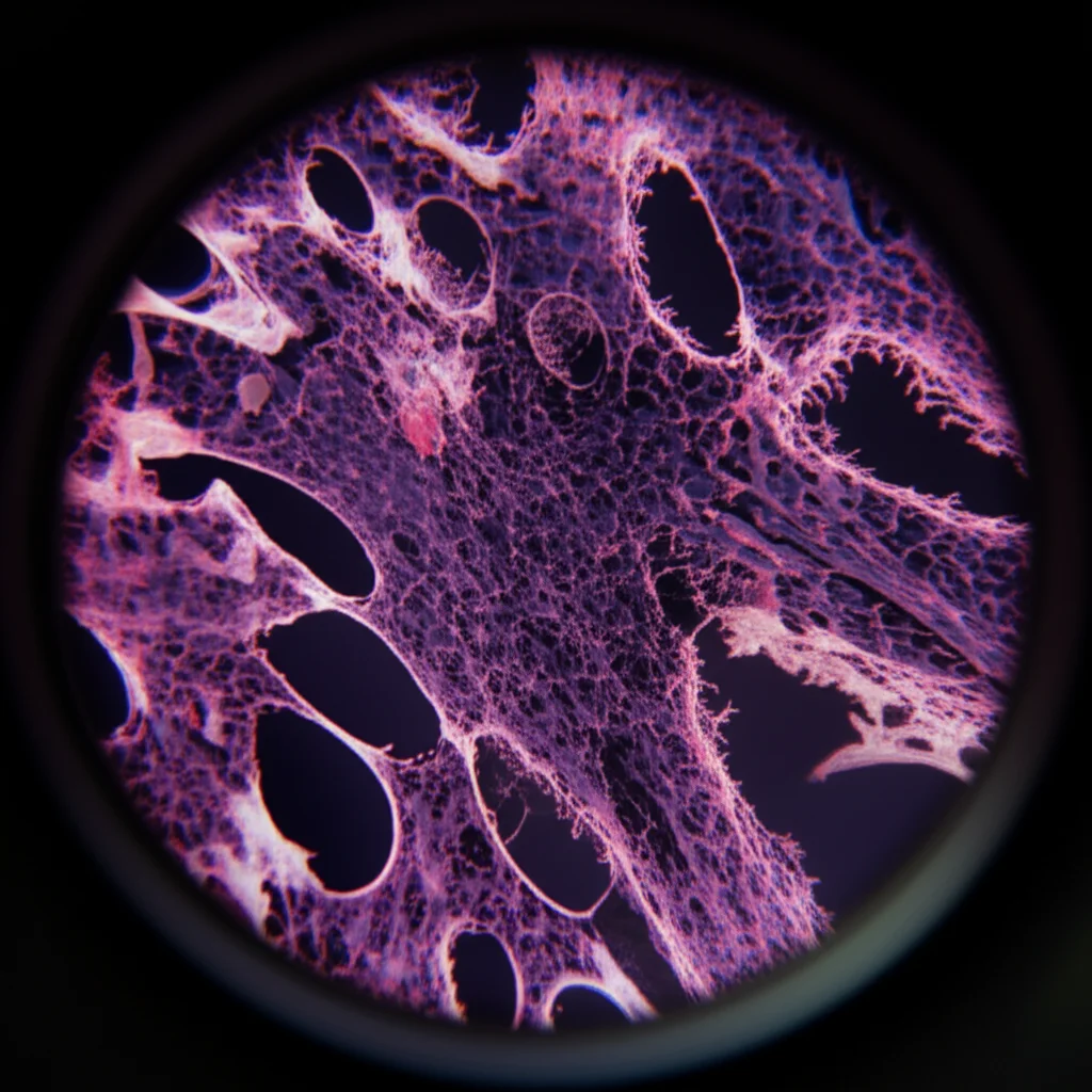 Macro lens view of bone tissue staining showing increased osteoclast activity, high detail, precise focusing.