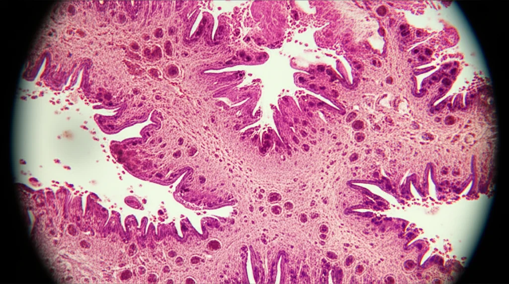 Macro lens image of inflamed intestinal tissue with immune cell infiltration, high detail, precise focusing.