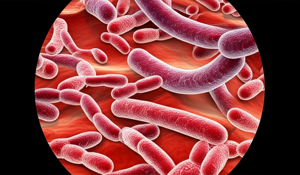 Macro lens view of diverse gut bacteria under a microscope, showing different shapes and sizes, high detail, controlled lighting.