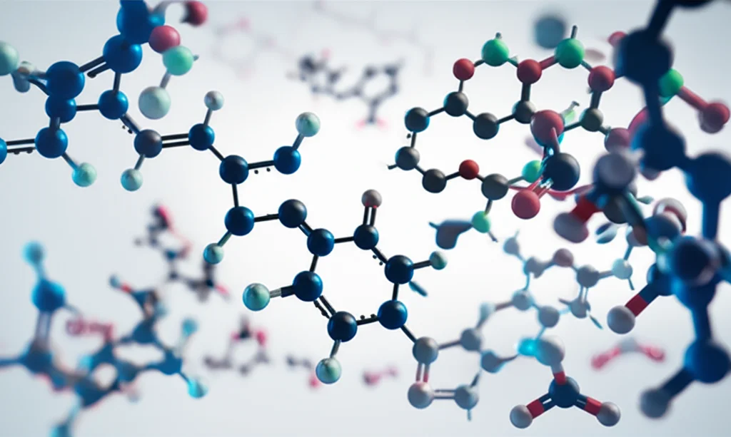Macro lens image representing chemical structures or pathways related to histidine metabolism, high detail, precise focusing.