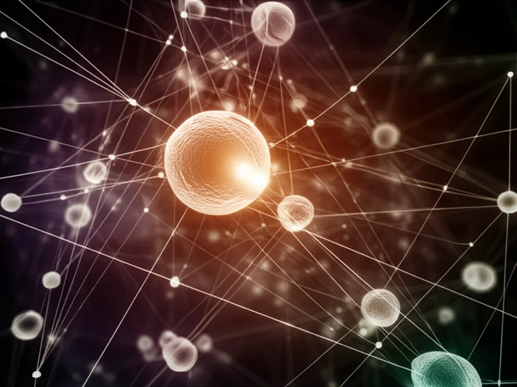 Abstract visualization of a complex biological network with nodes and connections, highlighting a central node, high detail, precise focusing.
