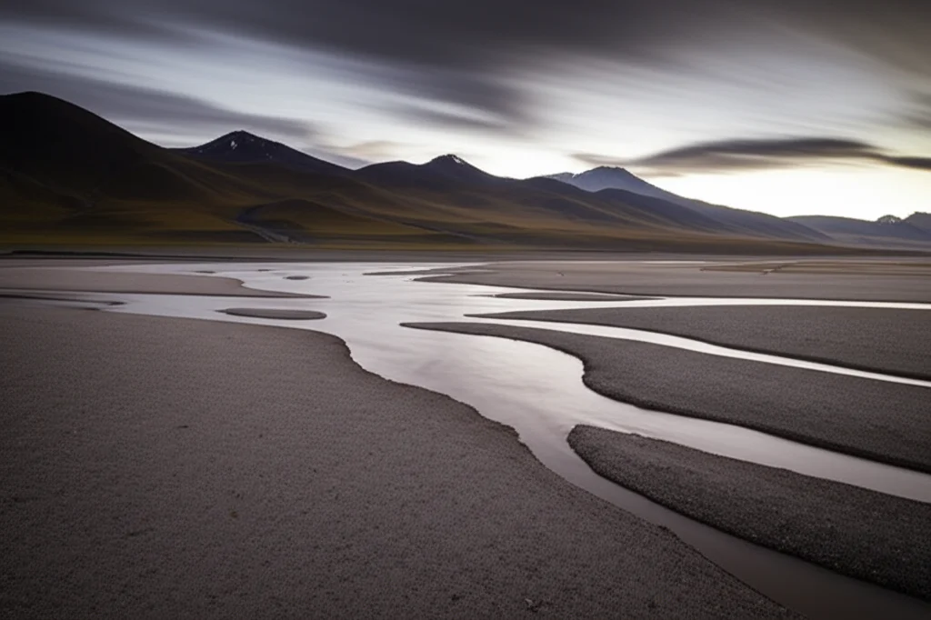 Wide-angle landscape photo of a high-altitude plateau environment, sharp focus, long exposure.