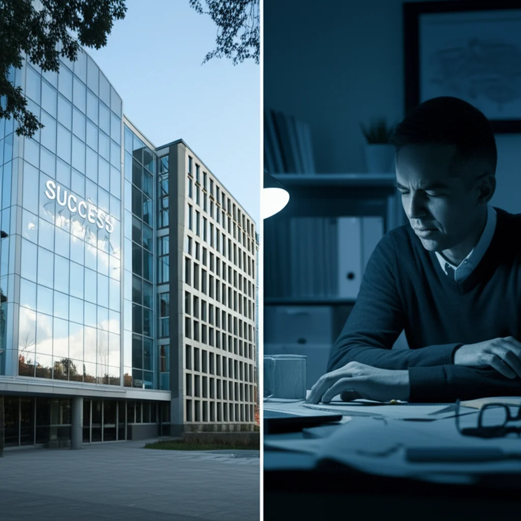 A split image: one side shows a gleaming, modern university building with 'SUCCESS' metrics, the other side shows a dimly lit, cluttered academic office with a stressed researcher. Duotone, blue and grey, 35mm portrait lens, depth of field, conveying the contrasting effects of PBF.