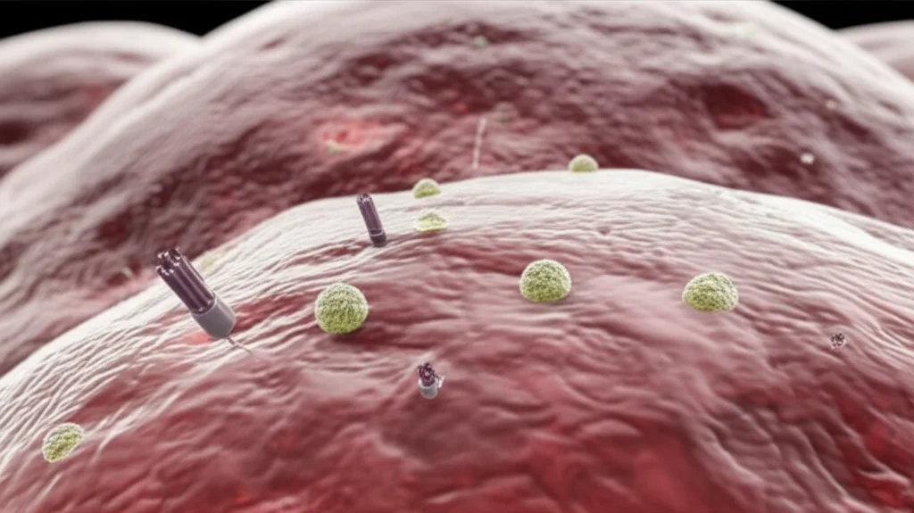 Photorealistic image depicting the concept of cellular repair or reduced inflammation in liver tissue, with tiny micromotors nearby. Macro lens, 60mm, high detail, precise focusing.