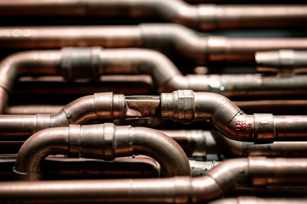 A complex network of interconnected pipes, some flowing smoothly, others blocked or leaking, symbolizing the varied and often problematic alignment of PBF from national policy down to individual researchers. Macro lens, 60mm, high detail, controlled lighting to highlight connections and blockages.