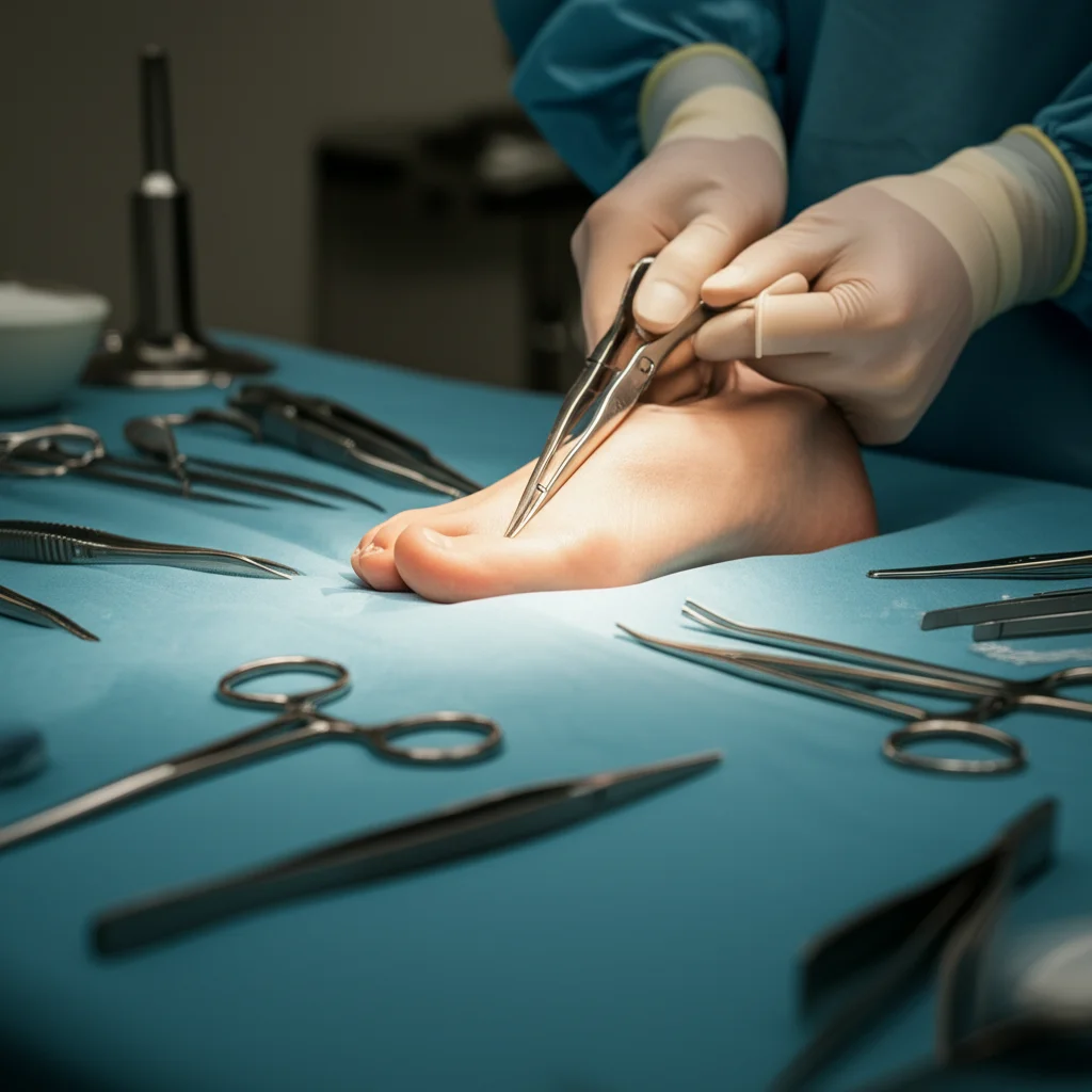 A sterile operating room environment, macro lens, 60mm, precise focusing on surgical instruments used for foot reconstruction.
