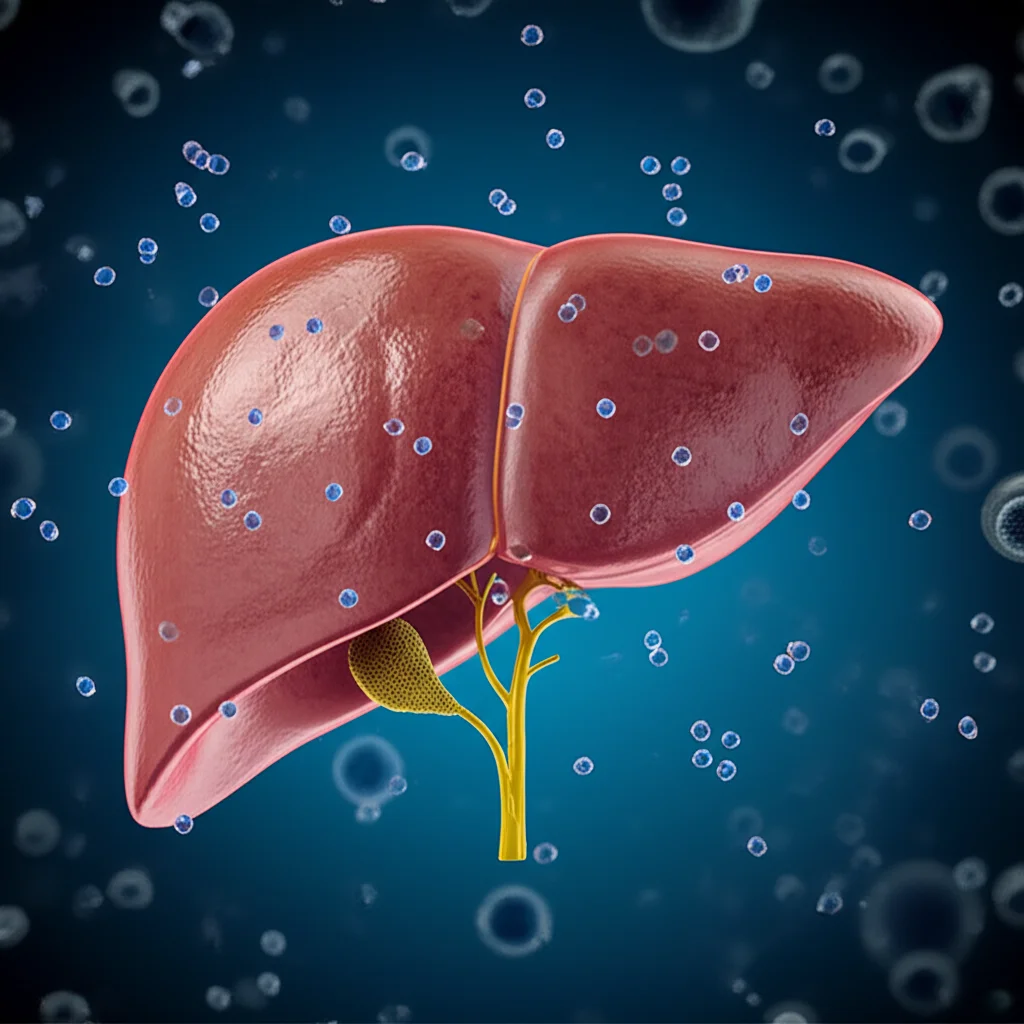 Photorealistic image showing a healthy internal organ (like a liver) alongside tiny, safe, dissolving particles, representing biocompatibility and targeted therapy. Macro lens, 100mm, high detail, controlled lighting.