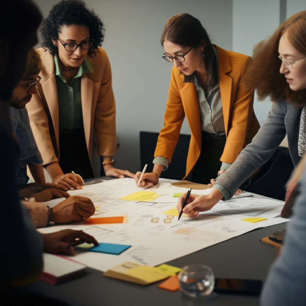 A group of diverse academics and policymakers around a circular table, collaboratively sketching out a new funding model on a large blueprint. Wide-angle lens, 24mm, capturing the collaborative atmosphere, with soft, optimistic lighting. Focus on hands and the blueprint.