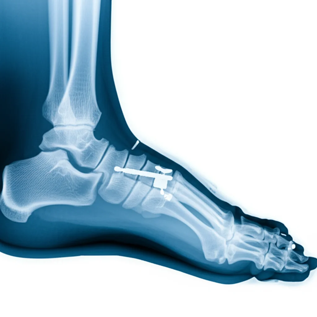 A medical X-ray showing a child's foot bones with surgical implants fixing a bone fragment to the talus, object photography, 100mm macro lens, high detail, precise focusing.