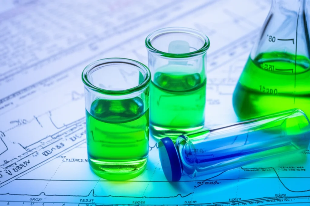 A photorealistic still life of scientific glassware: cuvettes filled with vibrant green and blue solutions of porphyrazine derivatives, alongside an NMR tube, against a backdrop of spectral data printouts. Macro lens, 60mm, high detail, precise focusing, controlled lighting.