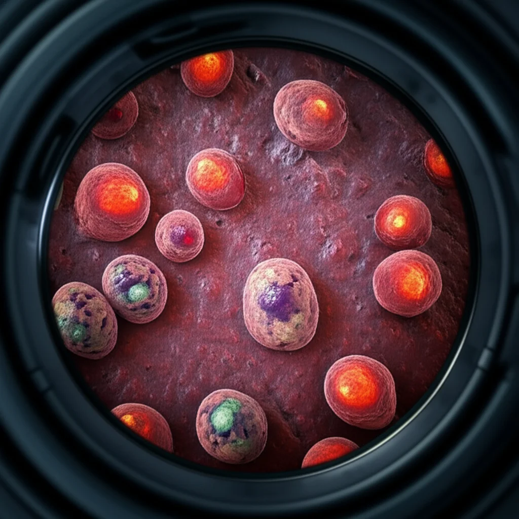 Macro lens, 100mm, high detail, precise focusing on a microscopic view of liver tissue with cancer cells, representing the challenge of intrahepatic cholangiocarcinoma.