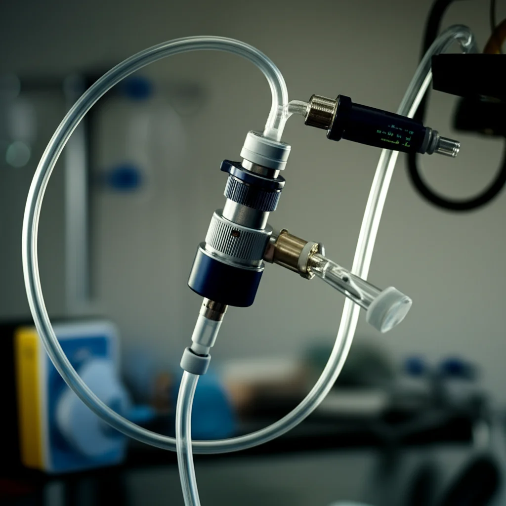 Macro lens, 60mm, controlled lighting, high detail of medical equipment used for hepatic arterial infusion.