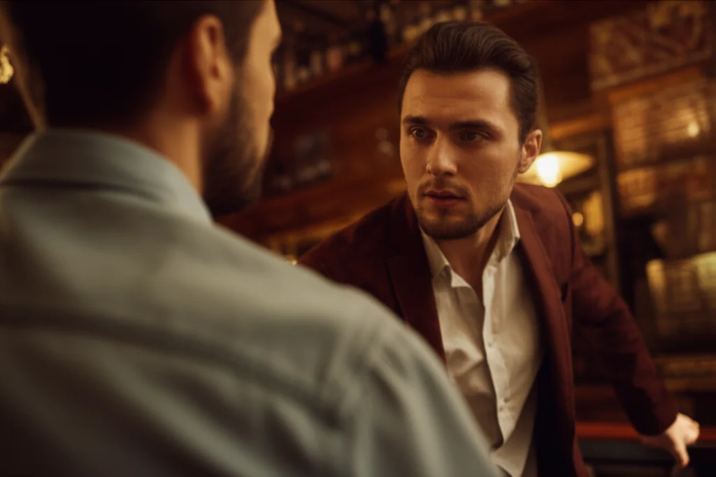 Photorealistic image of a dimly lit bar scene, 35mm portrait lens, depth of field, showing two men with contrasting expressions, one looking tough, the other nervous, capturing the tension of a potential confrontation.