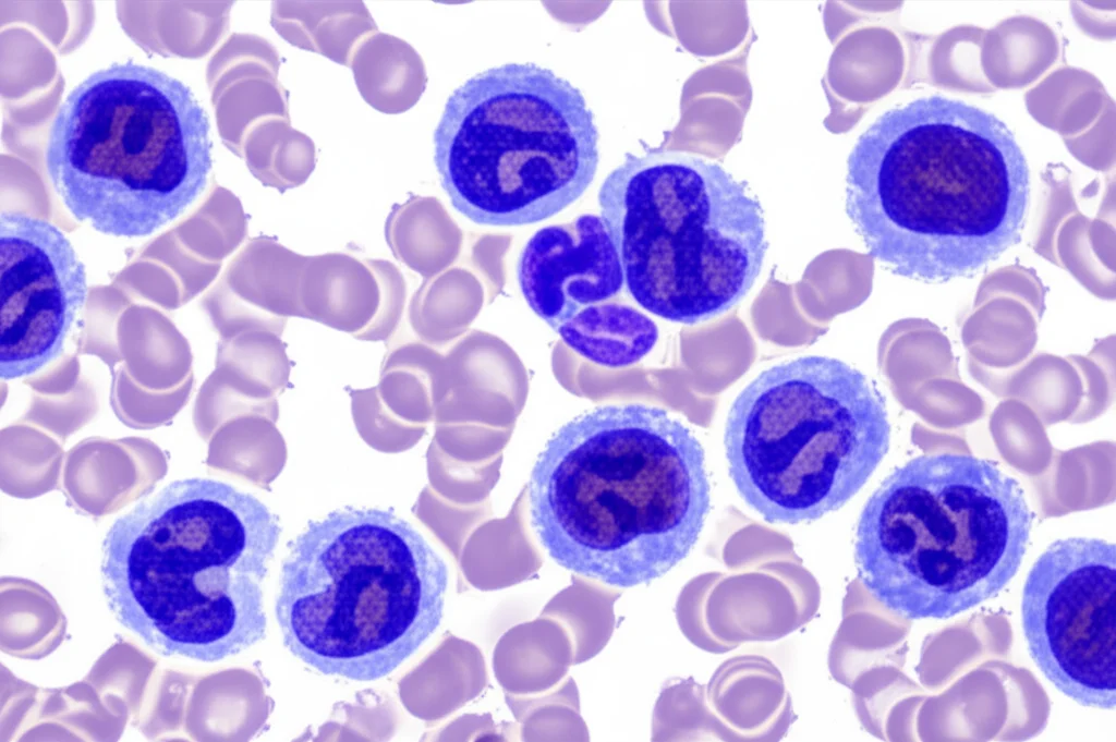 Microscopic view of abnormal blood cells (monocytes and blasts) characteristic of CMML, macro lens, 100mm, high detail, precise focusing, controlled lighting.