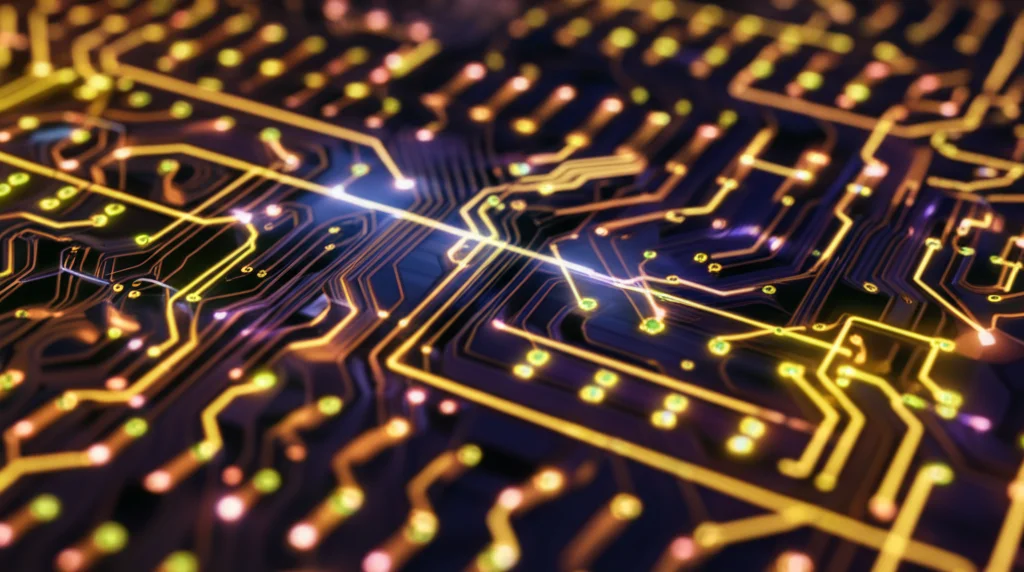 Photorealistic image of a complex quantum circuit board, glowing with intricate light patterns, macro lens, 85mm, high detail, precise focusing, representing the complexity of topological quantum computation.