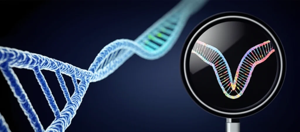 Abstract data visualization showing survival curves diverging for two groups, alongside a stylized representation of a gene sequence with a mutation highlighted, macro lens, 60mm, high detail, controlled lighting.