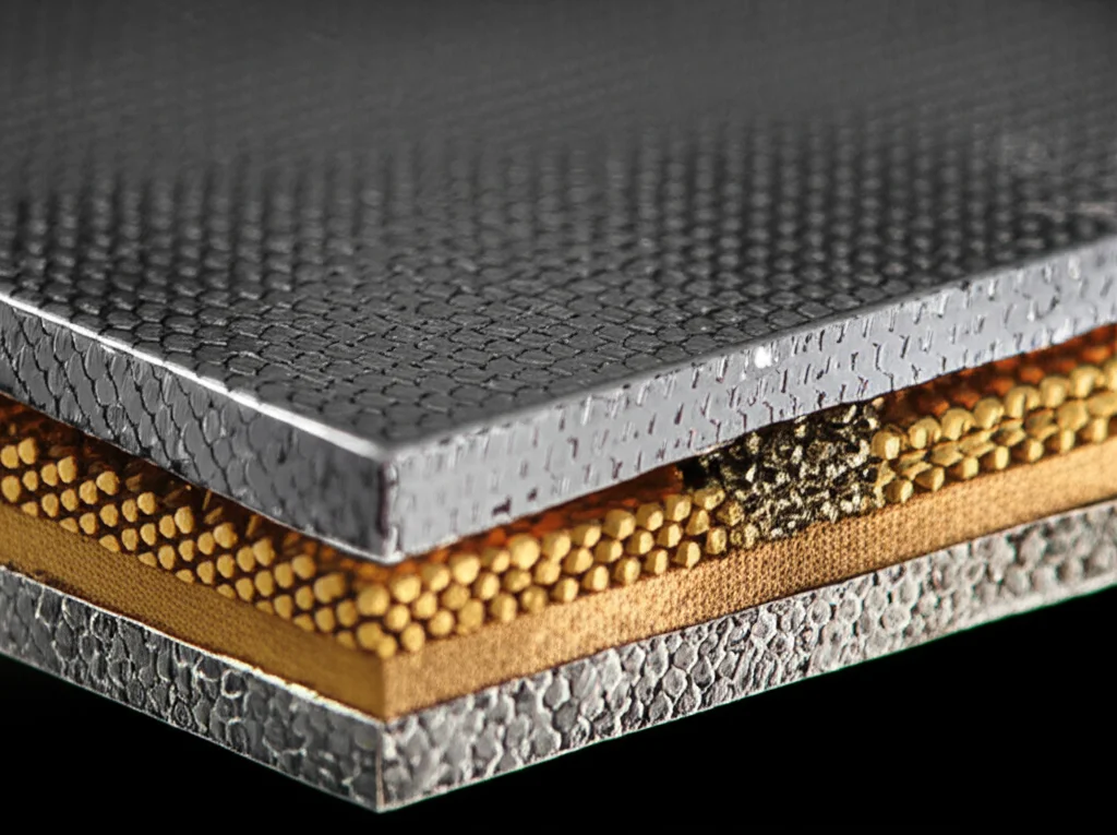 Photorealistic image of a layered Bi2Se3 heterostructure with a superconductor and ferromagnetic insulator, macro lens, 60mm, high detail, precise focusing, controlled lighting highlighting the crystalline texture and distinct material interfaces.