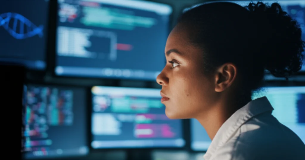 Thoughtful researcher looking at complex data on multiple screens displaying genetic sequences and clinical outcomes, portrait, 35mm, depth of field.