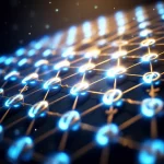 Abstract artistic representation of topological superconductivity: glowing Majorana zero modes at the edge of a 2D material, with intertwined s-wave pairing symbols, prime lens, 35mm, depth of field, duotone blue and gold.