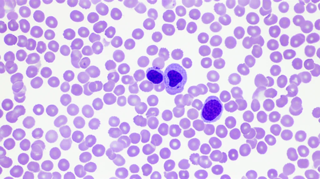 Microscopic view of abnormal blood cells (monocytes and blasts) characteristic of CMML, macro lens, 100mm, high detail, precise focusing, controlled lighting.
