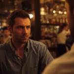 Photorealistic image of a dimly lit bar scene, 35mm portrait lens, depth of field, showing two men with contrasting expressions, one looking tough, the other nervous, capturing the tension of a potential confrontation.