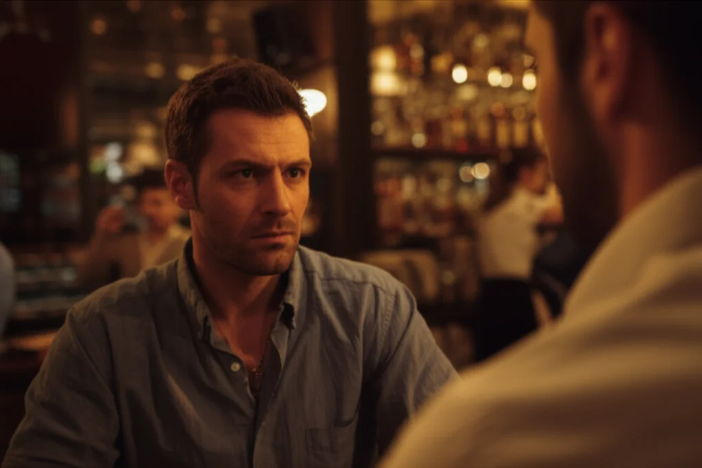 Photorealistic image of a dimly lit bar scene, 35mm portrait lens, depth of field, showing two men with contrasting expressions, one looking tough, the other nervous, capturing the tension of a potential confrontation.