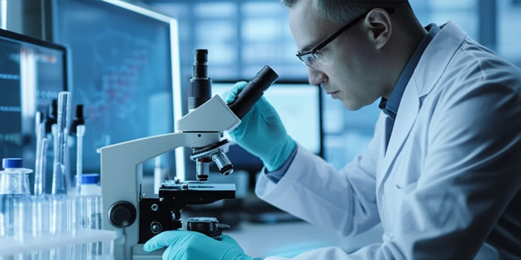 Portrait photography, 35mm lens, depth of field, duotone (blue and grey), a photorealistic image of a focused scientist in a modern laboratory, meticulously analyzing samples with advanced equipment like a mass spectrometer, with data visualizations appearing on a nearby screen, conveying cutting-edge cancer research.